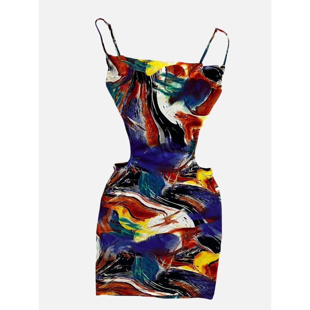 Fashion Nova Called Art Mesh Mini Dress Abstract Cutout Multicolor Size S